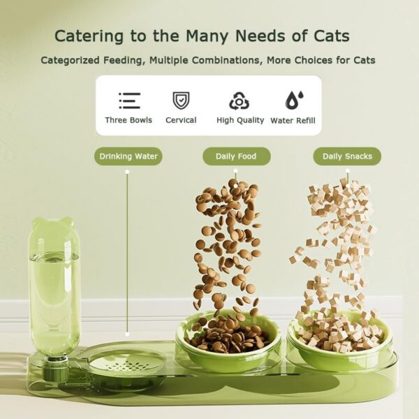 Marchul 3 in 1 Cat Bowl, Cat Food and Water Bowl Set, 10°Tilted Cat Food Bowl, Raised Cat Bowl with Automatic Water Dispenser Bottle, Detachable Wet and Dry Cat Dishs for Cat and Puppy