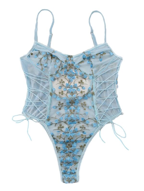 cdf787a9f514aa5a Lilosy Women Sexy Lace Up Floral Embroidered Teddy Lingerie Bodysuit Top Mesh Sheer One Piece