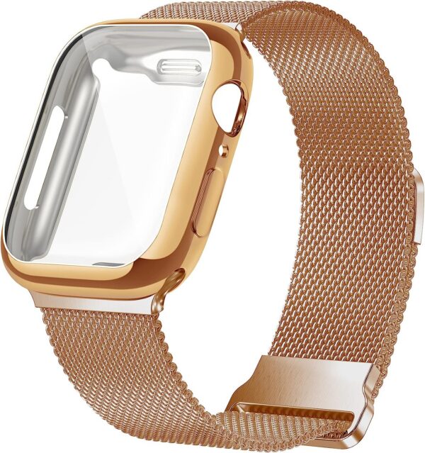 Geoumy Metal Magnetic Bands Compatible for Apple Watch Band 41mm with Case, Stainless Steel Milanese Mesh Loop Replacement Strap Compatible with iWatch Series 8/7/6/5/4/3/2/1 SE Women Men,Brown Gold