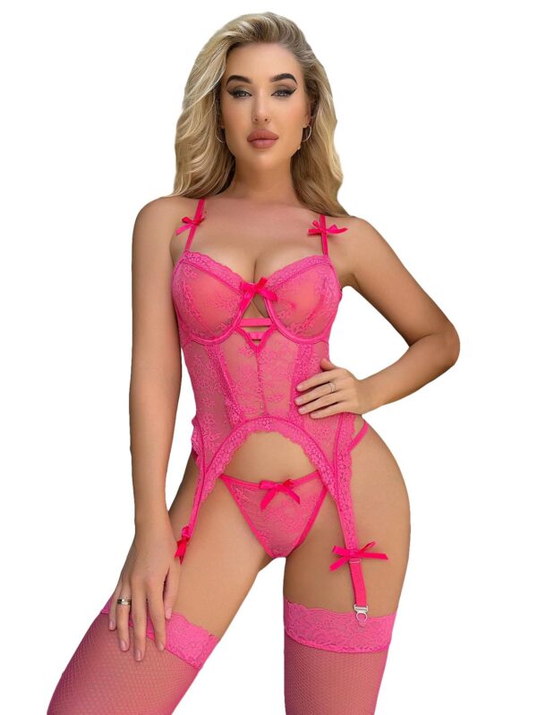 ce9f16b4d9b14ad2 WDIRARA Women's Sexy Floral Lace Garter Bustier Lingerie Set with 1Pair Fishnet Stocking