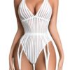ceafe5323aeb3469 Kaei&Shi Sexy Ribbed Top,Plunge V, Snap Crotch, Leg Strap, Backless 3Pc Bodysuit