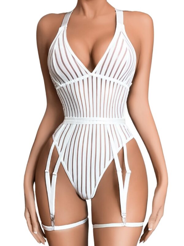 ceafe5323aeb3469 Kaei&Shi Sexy Ribbed Top,Plunge V, Snap Crotch, Leg Strap, Backless 3Pc Bodysuit