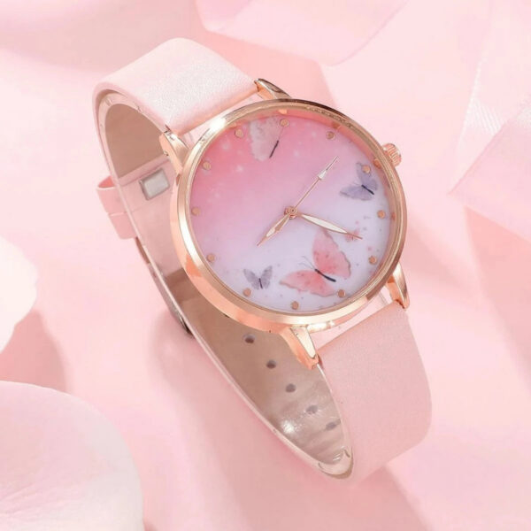 ceb4857df1ad4975 6PCS Set Women Fashion Quartz Female Clock Pink Butterfly Dial Brand Design Ladies Leather Wrist Watch Montre Femme