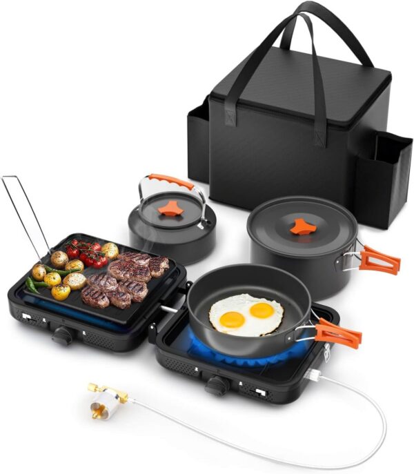 ceb6883bac98dc69 Hisencn Portable Camping Stove, 2 Burner Foldable Camp Stove, 20000 BTU Folding Gas Stove, Portable Propane Stove with Carry Bag, Adjustable Burners & Piezo Ignition, Includes Frying Pan, Kettle, Pot