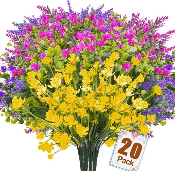 Artificial Plants Outdoor, 24PCS Lavender Artificial Flowers, UV Resistant Fake Flowers, Faux Flowers for Outdoor Planters for Home Garden Outside Porch Decor