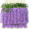 U'Artlines 12 Pack (Total 43.2 Feet) Artificial Fake Wisteria Vine Rattan Hanging Garland Silk Flowers String Home Party Wedding Decor (12, Pink)