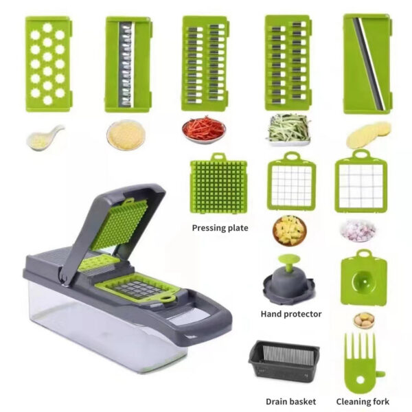 cf22a900556cb162 1Pc Green Black 12 in 1 Multifunctional Vegetable Cutter Shredders Slicer With Basket Fruit Potato Chopper Carrot Grater