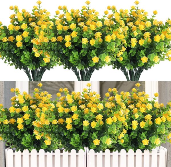 cf2d86da120d8948 RECUTMS 12 Bundles Outdoor Artificial Flowers UV Resistant Fake Boxwood Plants, Faux Greenery for Indoor Outside Hanging Plants Garden Porch Window Box Home Wedding Farmhouse Décor(Yellow)