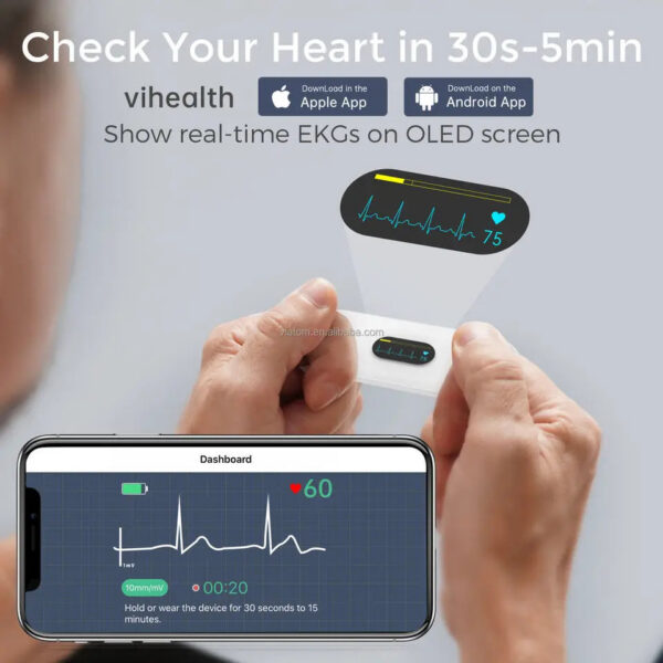 cf727ec44d34eff6 Pocket ECG Monitoring Device with OLED Screen Bluetooth EKG Monitor for Rhythm Waveform, Free APP AI Analyze with iOS/Android