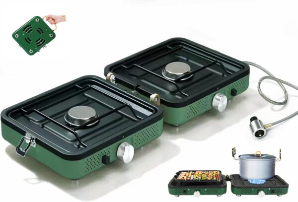 cfae99cfd0cc14c3 2025 Update Portable 2 Burner Propane Camping Stove with Barbecue Plate - 17200 BTU High Output, Two Adjustable Burners, Easy Carrying Handle & Inlet Gas Pipe (GREEN)