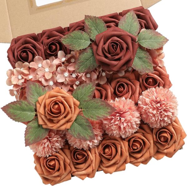 YYHUAWU Artificial Flowers Combo Box Set Gradient Color Flower Leaf with Stems for DIY Wedding Bouquets Centerpieces Baby Shower Party Home Decorations Peach