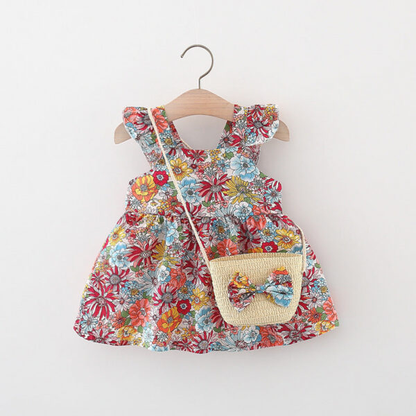 d0527536c3a4a786 2Pcs/Set Summer Baby Girl Dress Soft Thin Clothes Fashion Floral Sleeveless Children Clothing 0-3 Y Toddler Beach Dresses + Bag