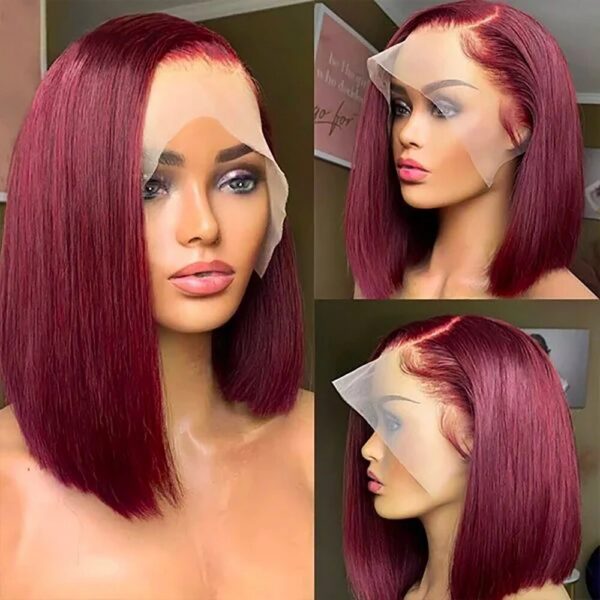 13x4 99J Short Wig Human Hair Dark Red Bury Color Full Frontal Bob Wigs Blunt Cut Bone Straight Front For Black Woman
