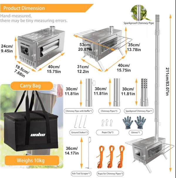 d10d3184a97dbbd0 UNHO Camping Tent Stove: Portable Wood Burning Stove Stainless Steel Outdoor Cooking Heater Log Burner with 7 Chimney Pipes for Tent Shelter Garden Silver