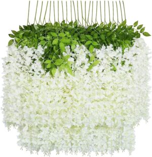 U'Artlines 24 Pack (Total 86.4 Feet) Artificial Fake Wisteria Vine Rattan Hanging Garland Silk Flowers String Home Party Wedding Decor (24, White)