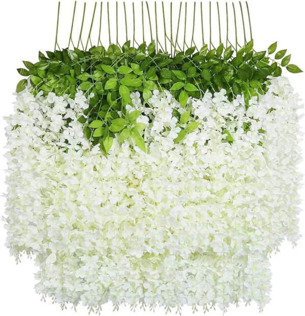 U'Artlines 24 Pack (Total 86.4 Feet) Artificial Fake Wisteria Vine Rattan Hanging Garland Silk Flowers String Home Party Wedding Decor (24, White)