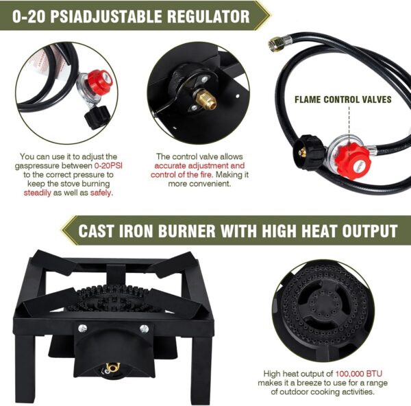 d16aa46882764905 Propane Burner,100,000 BTUs High Pressure Single Propane Stove with 4.1ft 0-20Psi Adjustable Hose with Regulator,Gas Stove for Outdoor Cooking, Turkey Fry, Seafood Boil