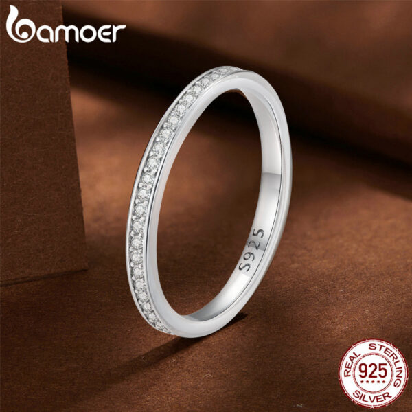 BAMOER Moissanite Wedding Band Sterling Sier Eternity Rings Platinum Plated Lab Created Diamond Stackable Ring for Women