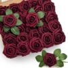 Mocoosy 50Pcs Artificial Rose Flowers, Burgundy Fake Roses for Decorations, Real Touch Foam Rose Bulk with Stems for DIY Wedding Bouquets Bridal Shower Centerpieces Valentine's Party Home Table Decor