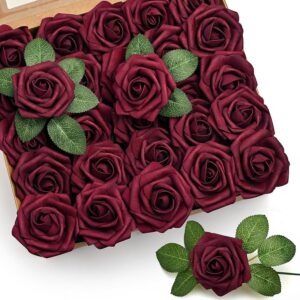 d2330189a29ff23d Mocoosy 50Pcs Artificial Rose Flowers, Burgundy Fake Roses for Decorations, Real Touch Foam Rose Bulk with Stems for DIY Wedding Bouquets Bridal Shower Centerpieces Valentine's Party Home Table Decor