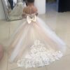 BABYONLINE Long Sleeve Flower Girl Dresses For Wedding Guest Kids Bridesmaid With Bow White Ivory Lace Tulle First Communion
