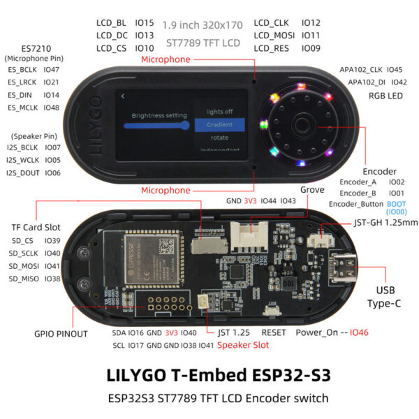 LILYGO® T-Embed ESP32-S3 Custom Control Panel ro Knob Embeddable Development Board With 1.9inch LCD Display Screen 16MB Flash