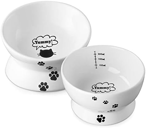 Y YHY Raised Cat Food Bowl Set, Ceramic, Tilted Elevated Bowls, 2 Bowls, 3.6 in & 3 in, White