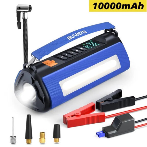 BUVAYE Car Jump Starter Pump Outdoor Power Lamp Portable Air Compressor Multifunctional Tire Iator with EVA Bag