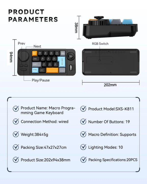 d2db08d91ee0763f Programmable Wired Mechanical Keyboard with Volume Scroll Wheel,Game Joystick 19Key Hot-Swappable Number Keypad for Win8/10/Mac