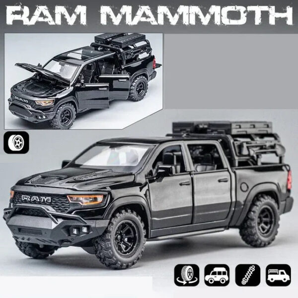 1:32 Dodge RAM Mammoth Pickup Truck Off Road Alloy Model Sound & Light Pull Back Collection Gift For Boys Children Kid