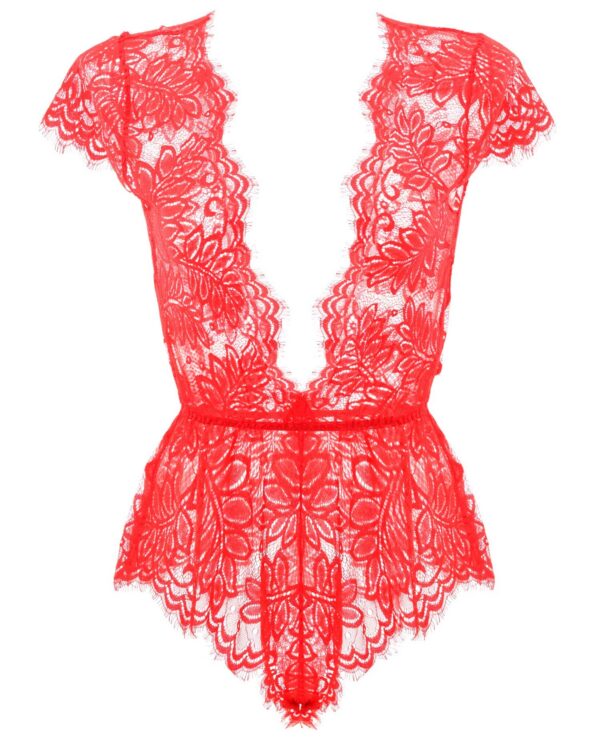 Anyou Womens Lingerie V-Neck Lace Bodysuit Mini Babydoll Featuring Plunging Eyelash Size XS-XXL