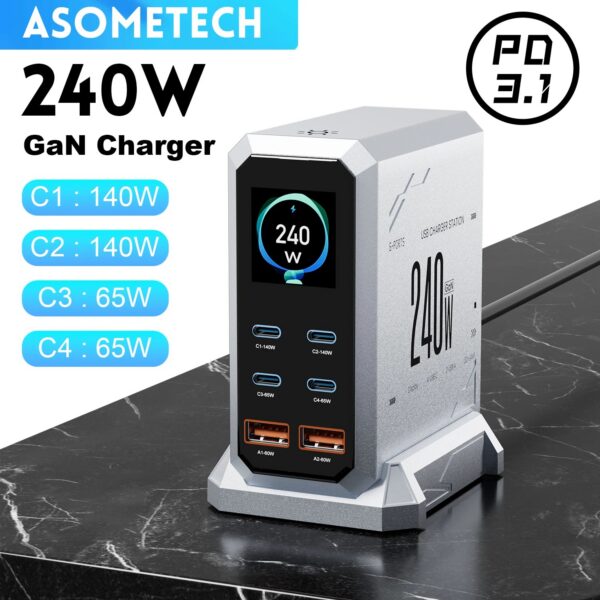 d3d86b22578fdf92 240W GaN Charger PD3.1 140W USB Type C 6 Ports PPS PD Desktop Fast Charging Station for MacBook Laptops Tablet iPhone Samsung