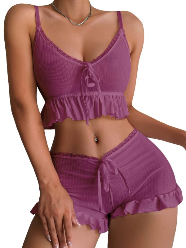 d3f68a3697016351 SweatyRocks Women's 2 Piece Lingerie Set Pama Sets Ruffle Trim Tie Front Cami Top and Shorts Sleepwear