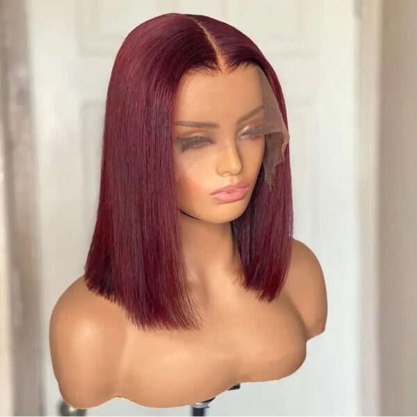 13x4 99J Short Wig Human Hair Dark Red Bury Color Full Frontal Bob Wigs Blunt Cut Bone Straight Front For Black Woman