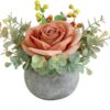 d4f6e49e5b5aa6e1 Artificial Flowers Kit with Pot, Combination of Fake Silk Burgundy Red Roses and Greenery,Small Plant Potted Decor for Offices,Bookshelf,Bedroom, Living Room,Party,Wedding Decorations…