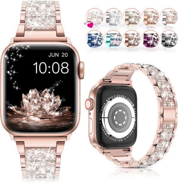 LELONG Compatible with Apple Watch Band 38mm 40mm 41mm Series 9 Series 8 7 6 5 4 3 2 1 SE Ultra, Bling Replacement Bracelet iWatch Band, Diamond Rhinestone Stainless Steel Metal Wristband Strap