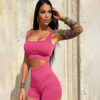Seamless Yoga Workout Sets for Women 2 Pieces Gym Suits Ribbed Crop Tank High Waist Shorts Outfits Fiess Running