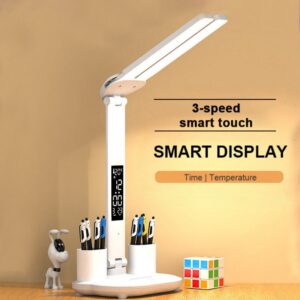 d691b01ba8c472b9 LED Clock Table Lamp USB Chargeable Dimmable Desk Lamps 2 Heads 180 Rotate Foldable Eye Protection Desktop Reading Night Lights