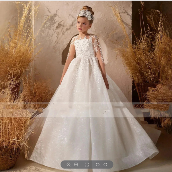 Flower White Lace Girls Floor Length First Communion Dress Princess Elegant Banquet Dresses