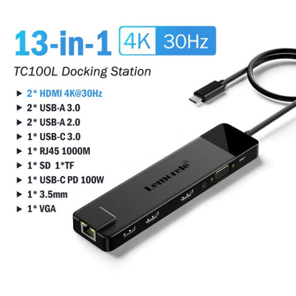 Lemorele 4K Hub C to Dual HDMI Gigabit Docking Station USB 3.0 VGA Adapter SD Card Readers for Windows Book Air