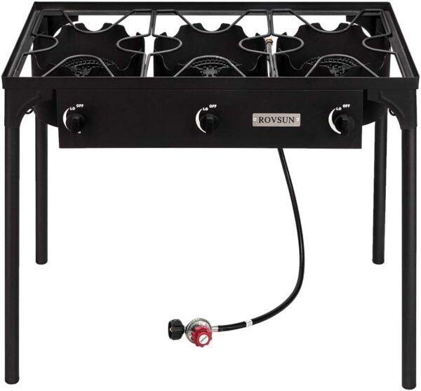 Bonnlo 3 Burner Outdoor Portable Propane Stove Gas Cooker, Heavy Duty Iron Cast Patio Burner with Detachable Stand Legs for Camp Cooking (3-Burner 225,000-BTU)