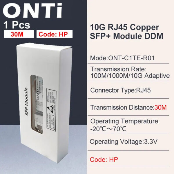 ONTi 10G RJ45 Copper SFP+ Module 10GBase-Tx Ethernet Fiber Optic FTTH Compatible with Cisco/Mikrotik Switch 30m / 80m