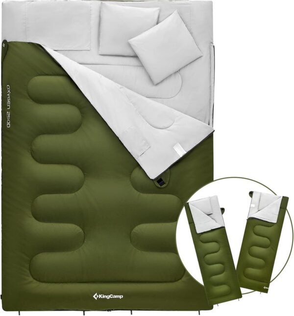 KingCamp Double Sleeping Bag Oxygen with 2 Pillows Queen Size & Extra-Large Rectangular Sleeping Bags for Adults 4 Seasons Waterproof Envelope Sleeping Bag for Camping Festivals Hiking Indoor Outdoor