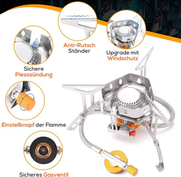 Hikenture Gaskocher mit Piezozündung, Winddichter Camping Kocher 3500W, Faltbarer Campingkocher Gasbrenner für Coleman Primus Kartusche, Kocher Gas Windschutz mit Tragebox für Hiking, Picnic, Outdoor