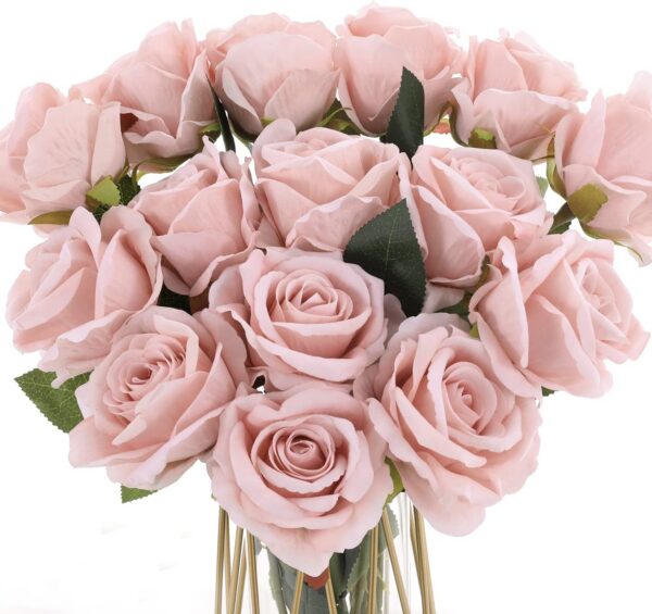 15Pcs Artificial Roses Velet Real Touch Single Stem Fake Roses Silk Realistic Bouquet Flowers Arrangements Home Office Garden Grave Party Wedding Decoration(Light Pink-15p, Blossom Roses)