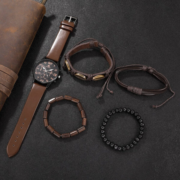 5PCS Set Fashion Mens Sports Bracelet Watches For Men Retro Big Dial Quartz Wrist Classic Male Casual Brown Leather Watch