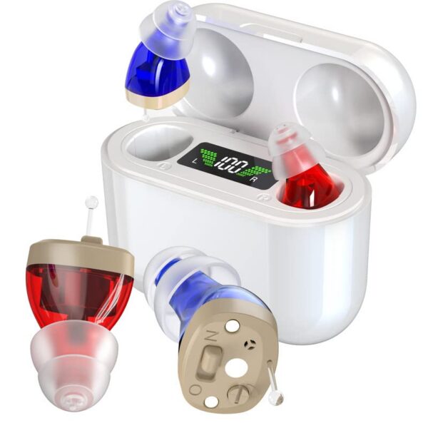 Aids, Newest 2- Channel Digital Rechargeable Aids Charging Box Indicating Remaining Power, Invisible Personal Sound Hearing Amplifier with Intelligent Noise Reduction (White)