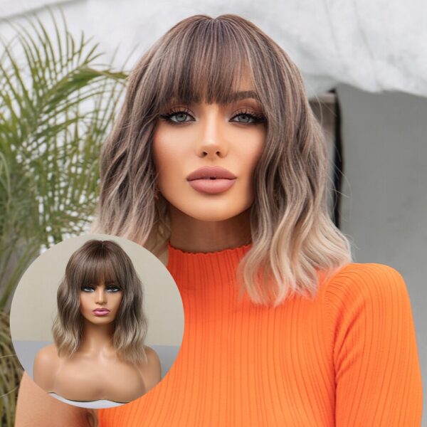 Women Grey Wavy Bob Wigs Bangs Short Blonde Ombre Synthetic Wig With with Dark Roots Natural Hair for Daily Use