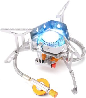 da4388567a56ec83 Hikenture Gaskocher mit Piezozündung, Winddichter Camping Kocher 3500W, Faltbarer Campingkocher Gasbrenner für Coleman Primus Kartusche, Kocher Gas Windschutz mit Tragebox für Hiking, Picnic, Outdoor