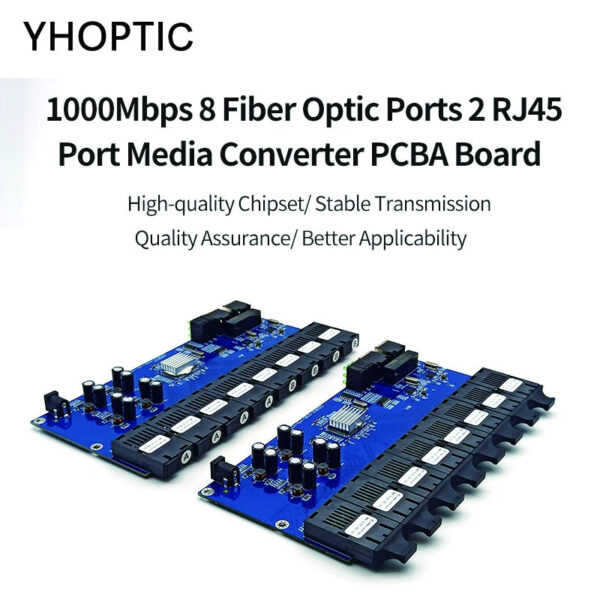 Single Mode Fiber Optic Convertor, PCBA Board, 8 Fiber Optic Ports, 2 RJ45 Port, 0-20KM, 1310/1550